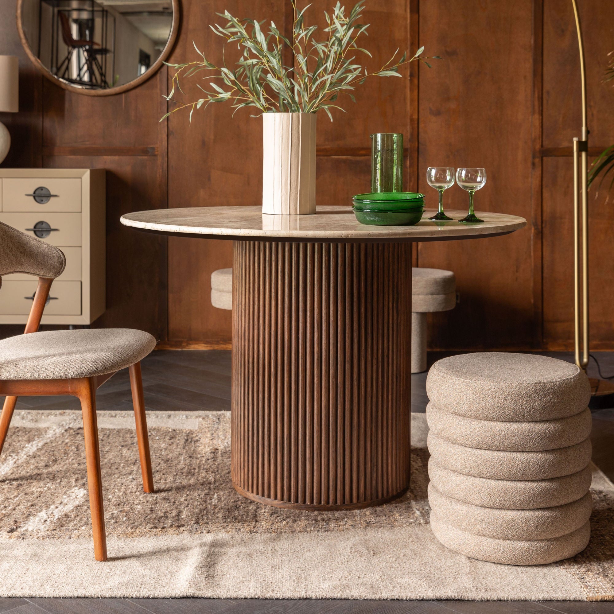 Dutchbone Arda Ribbed Brown Wood & Travertine Round Dining Table